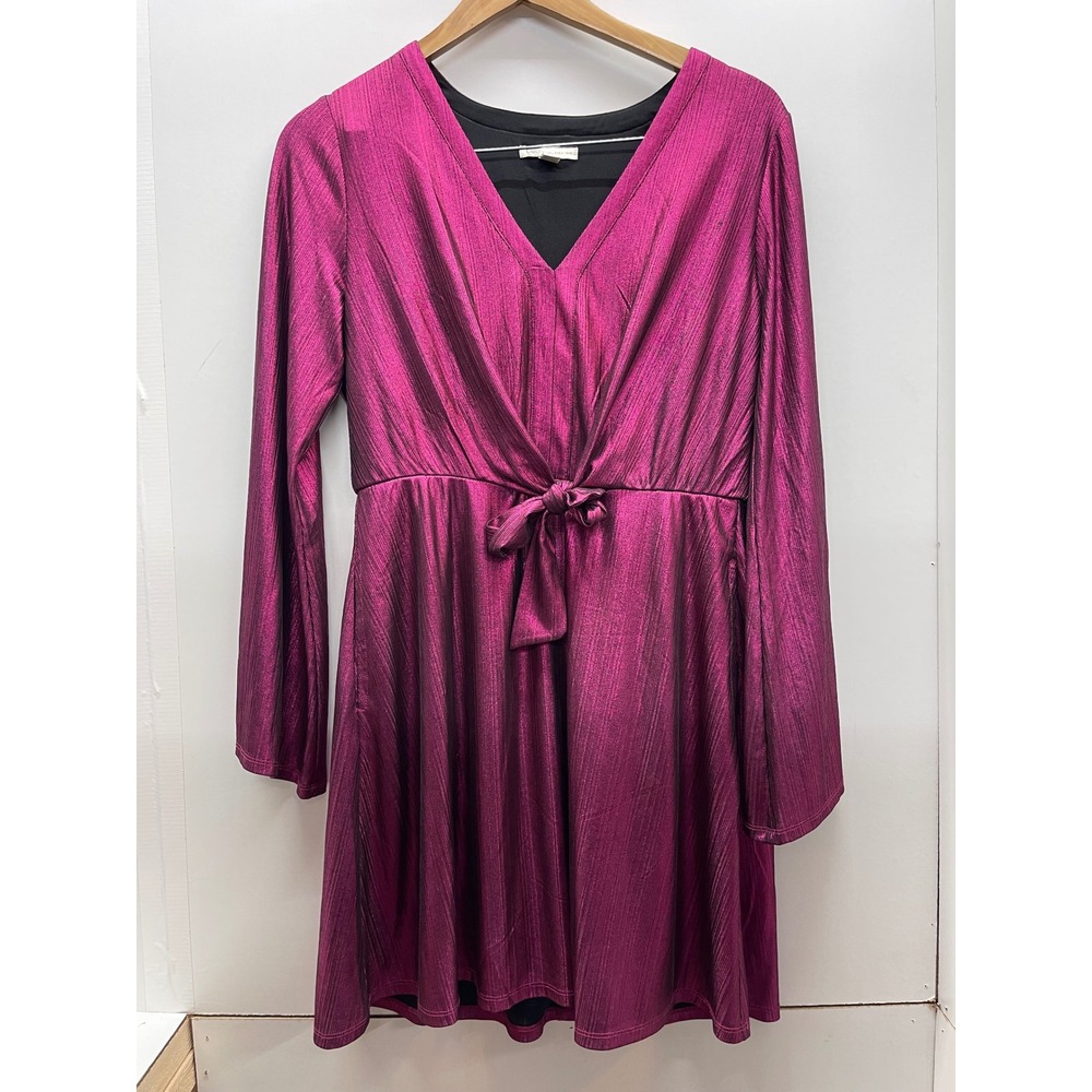 Cato Magenta Metallic Shimmer V-Neck Tie Front Fit & Flare Mini Dress Womens M